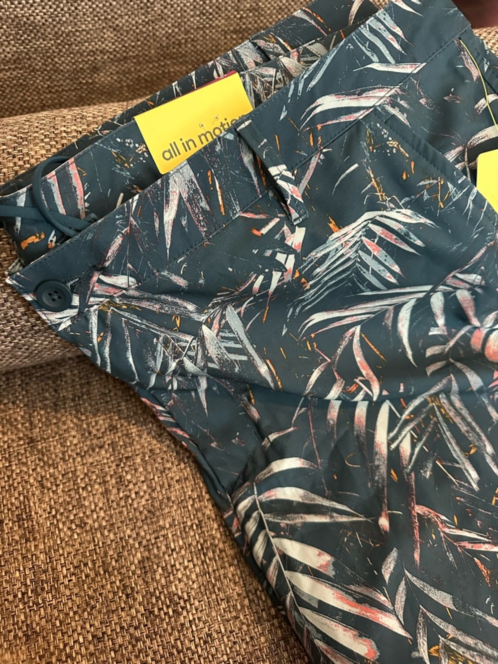 Tropical Leaf Print men’s swim trunks/hybrid shorts in Teal and Coral